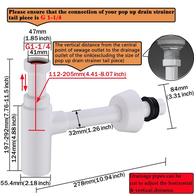 RANDOM Snappy Round Bottle Trap G1-1/4,ABS Plastic Basin Sink Waste Drain P-TRAP Kit, White.RD83880 - Image 2